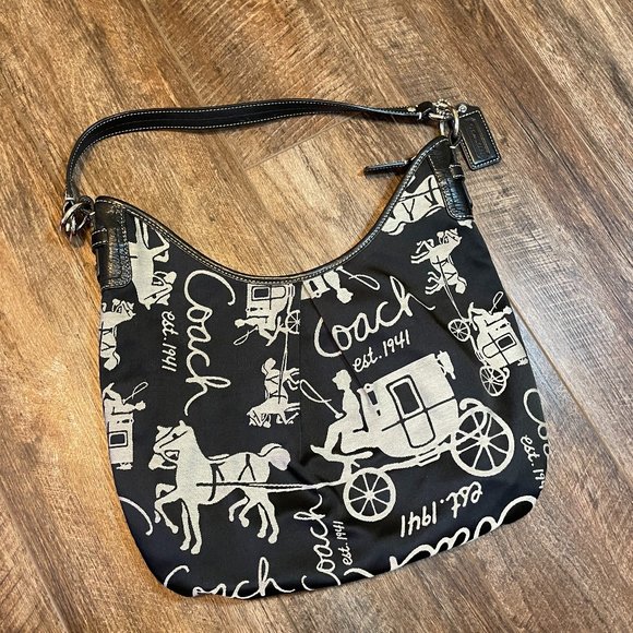 Coach Handbags - Coach Black Handbag RARE Vintage Carriage Print